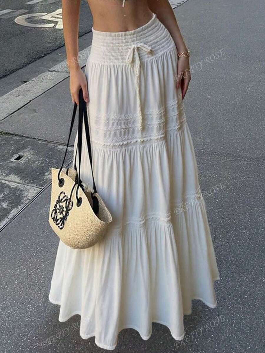 Falda larga con parches de encaje blanco de talle alto con efecto de "bubble", estilo bohemio, adecuada para festivales de música, conciertos, fiestas de Coachella, uso diario de chicas jóvenes, fotos de playa y vacaciones, estilo bohemio de verano