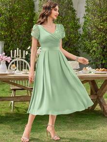 MIUSOL 撞色亮片蕾丝 V 领花瓣袖褶边晚会长裙、夏季中长裙、婚礼宾客派对礼服 - 薄荷綠 - 查看 5