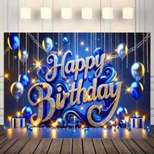 1PC, Golden Blue Glittering Birthday Happy Background Fabric - Polyester Fiber Balloon Design, Polyester Material, Suitable For Parties, Office Celebrations, Birthdays, Indoor/Outdoor Decoration, Home, Garden, Courtyard Decoration, Universal Theme