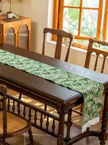 1pc Vintage Green Base Floral Jacquard Table Runner, Suitable For Cafe, Afternoon Tea Decor, Dining Table Events