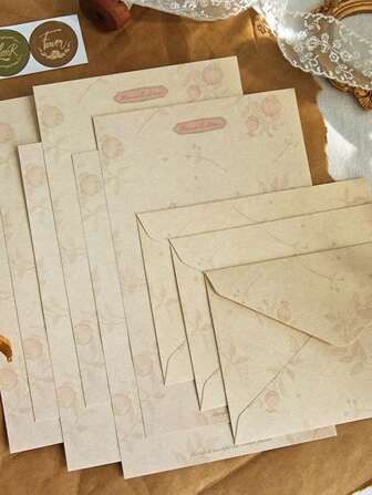 12pcs Vintage Envelope Stationery Set (6 Sheets Letter Paper + 3 Envelopes + 3 Sealing Stickers), Random Assortment