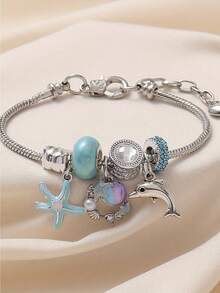 1 件海洋风格项链，带鱼尾、贝壳、海龟、海星、珍珠美人鱼尾巴、可调节铜手链，适合女性、海滩派对、度假和日常佩戴，馈赠佳品