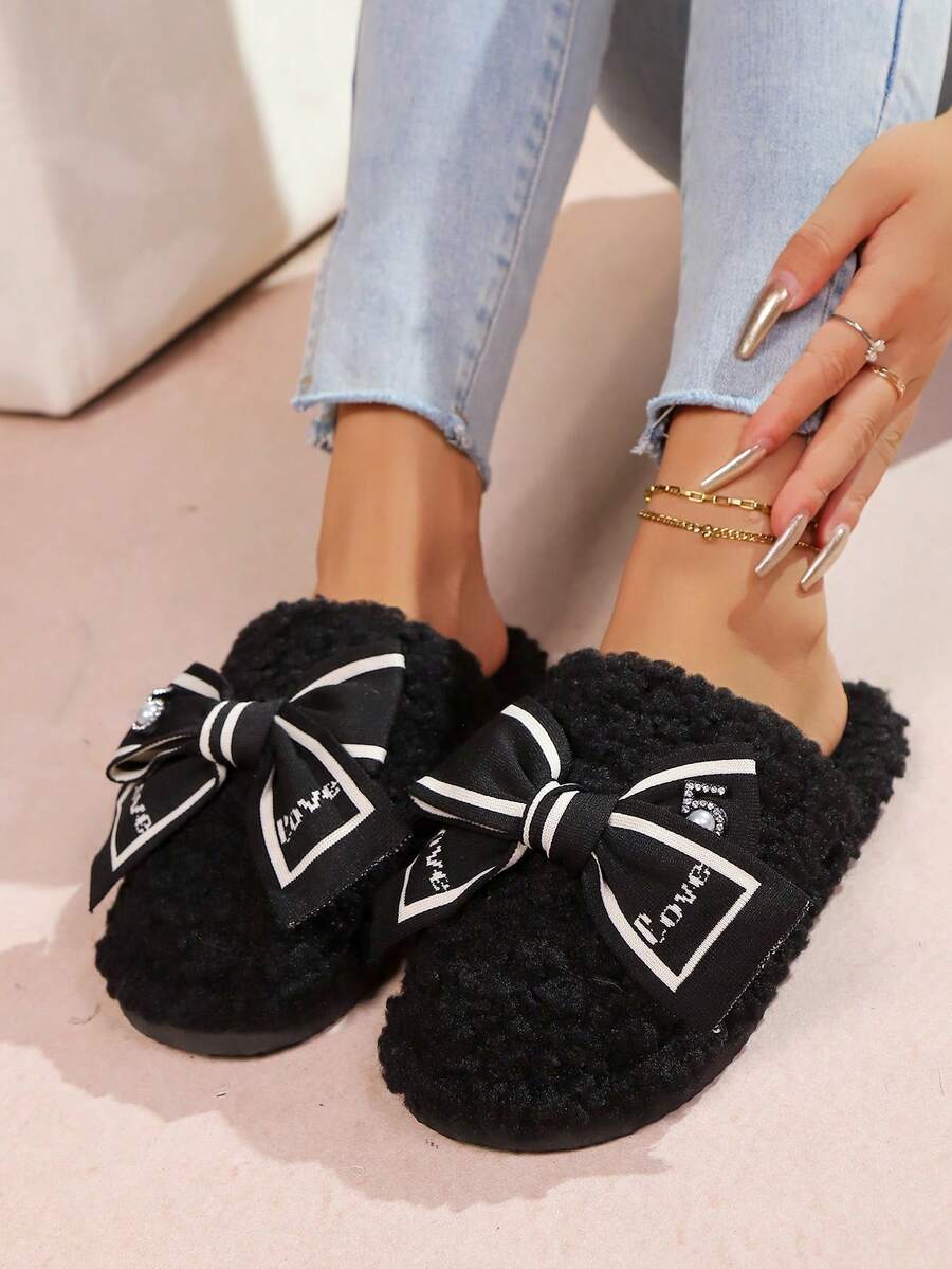 shensongni Women's Bow, Letter & Rhinestone Decor Plush Slippers, Indoor Home Slippers, Resort Style, Fashion Hotel Slippers, Women's Flat Slip-On House Slippers, Black Slippers