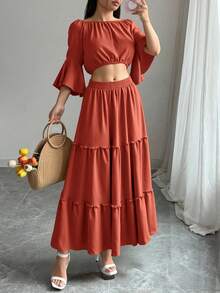 Conjunto de dos piezas para mujer con top y falda de unicolor, ropa de verano - Naranja Coral - Ver 1