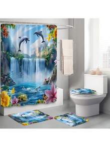 1pc/4pcs Dolphin Waterfall Pattern Multipurpose Bathroom Decor Set Including Waterproof Shower Curtain With 12 Hooks, Anti-Slip Bath Mat, U-Shaped Floor Mat And Round Toilet Lid Cover, Suitable For All Bathroom Scenarios Bathroom Accessories