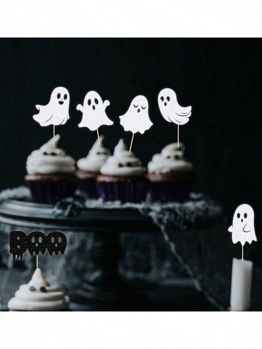 24 件万圣节鬼形蛋糕装饰、鬼形蛋糕装饰、生日派对装饰纸杯蛋糕签、节日家庭聚会派对用品、万圣节甜点蛋糕装饰 - 彩色 - 查看 1