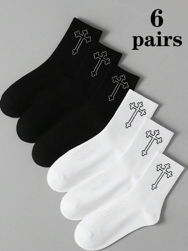 1/6 Pair Unisex Solid Color Cross Design Mid-Calf Socks, Sports, Casual, Business, Daily Wear