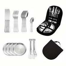 耐用便捷的露营餐具套装 - 便携式耐用户外野餐套装，包含托盘、叉子和勺子，适合徒步旅行、背包旅行和露营探险 - 非常适合旅行和户外用餐，提供两种套装尺寸可选