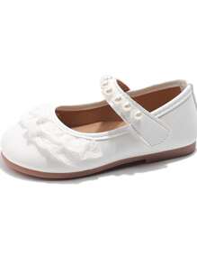 1Pair Of Girls Pearl And Lace Embellishments Faux Leather Material None Round Toe Low Top Hook And Loop Strap Flat Sole Sweet And Elegant Style Princess Shoes Parties, Weddings, Photo Shoots And Other Occasions Baby Flats