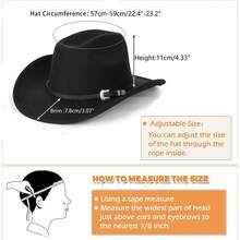 Men Women Cowgirl Hat Wide Brim Stylish Leather Belt Solid Western Cap For Beach Daily Life  Party - 黑色 - 查看 7