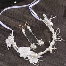 2pcs/Set Women's Handmade Floral Pearl Headband & Earrings Bridal Hair Accessories, Shiny White Flower Headpiece & Earclips Wedding Dress Decor