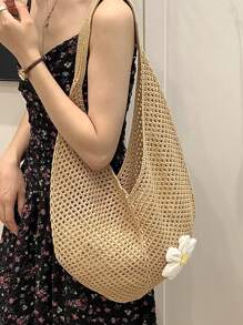 Hollow Out Knitted Tote Bag, Large Capacity Women's Handbag Beach Bag, Unlined, Made Of Polyester Fiber, Suitable For Summer Beach Vacation, Casual Party Gift
