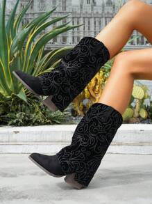 Women's Chunky Heel Pointed Toe Ruched Boot Short Boots, Outdoor Vintage Embroidered Western Boots, Autumn/Winter 2025 New Arrival