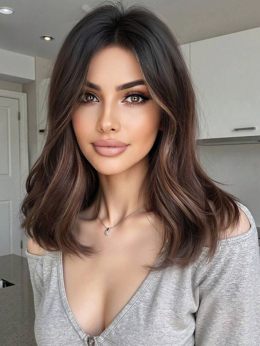 16 Inch Long Body Wave Highlight Brown Synthetic Wig Middle Part Light Blonde Long Curly Wig For Women Daily Paty Cosplay Wigs, Vacation Travel Family Party Everyday Wear, Mother's Day Gifts, Halloween Christmas Gifts, Gifts For Girlfriends, Gifts For Girlfriends - 挑染棕色 - 查看 1
