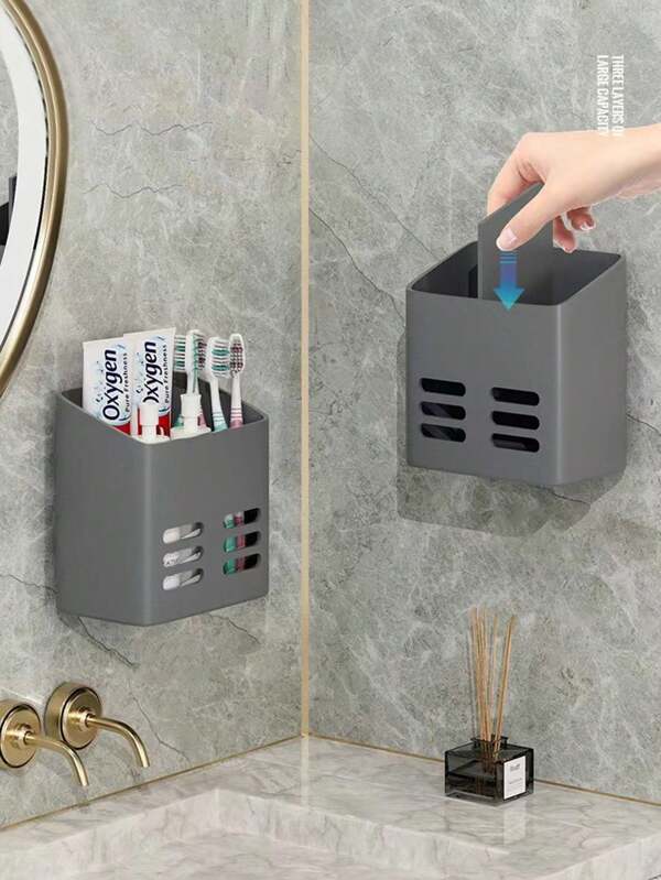 1/2pcs Bathroom Storage Rack, Toothbrush Toothpaste Comb Cosmetics Razor Holder, No Drill Bathroom Wall Mounted Organizer Back To School