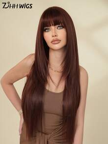 7JHH WIGS 34 Inch Extra Long Straight Raspberry Red Wig With Bangs - Super Long Natural Layered Wigs, High Quality Soft Synthetic Fiber Velvet Wine Burgundy Wigs For Women Daily Wear, Festival Ready Party Use, Mother's Day Gifts & Graduation Gift - Beginners Glueless Wig Accessories - 酒紅色 - 查看 1