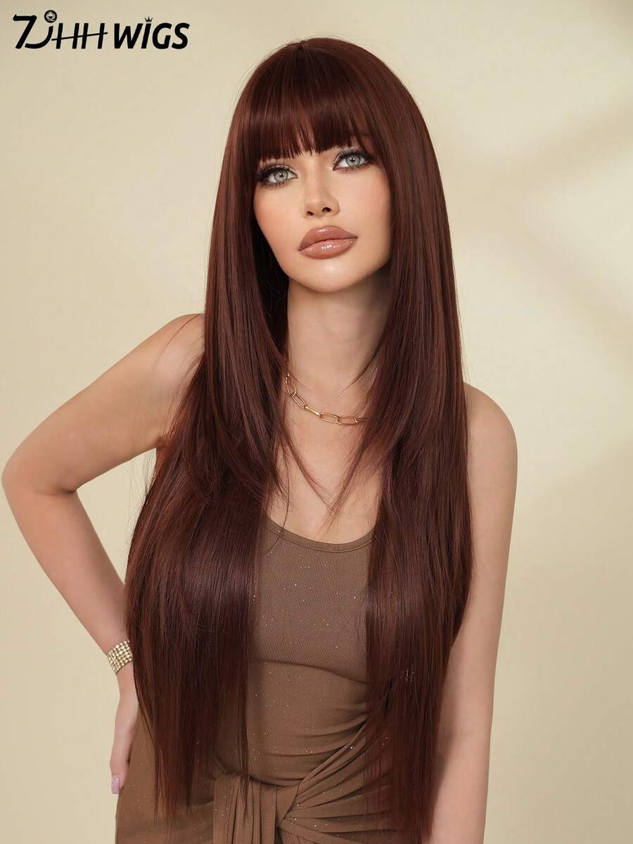 7JHH WIGS 34 Inch Extra Long Straight Raspberry Red Wig With Bangs - Super Long Natural Layered Wigs, High Quality Soft Synthetic Fiber Velvet Wine Burgundy Wigs For Women Daily Wear, Festival Ready Party Use, Mother's Day Gifts & Graduation Gift - Beginners Glueless Wig Accessories - 酒紅色 - 查看 1