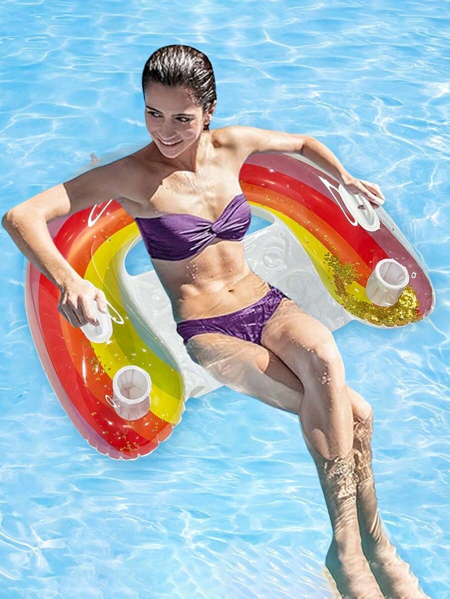 1 件 U 型背闪光彩虹躺椅 | 符合人体工程学的手柄和双杯架，36x30 英寸 PVC 充气泳池沙发（92x76 厘米）| 成人海滩派对必备