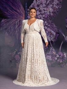 Elasola 优雅蕾丝婚纱两件套 | 深V领饰以精致花卉图案，A字廓形，适合梦幻花园婚礼、新娘盛典和飘逸晚宴派对。 - 白色 - 查看 6