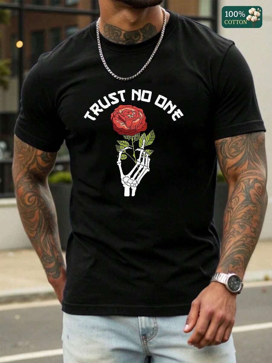Camiseta de cuello redondo de 100% algodón de manga corta unisex - Camiseta gráfica "No confíes en nadie" para el verano, parte superior para hombre - Negro - Ver 1