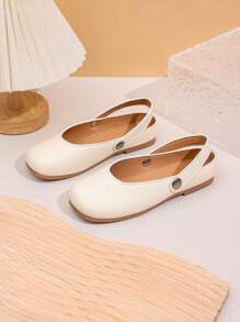 1 Par de Sapatos Flat Bege para Meninas, Material de PU, Design de Fivela Redonda de Metal Ajustável, Bico Redondo, Sola de TPR Antiderrapante, Mocassins Confortáveis de Vestir, Estilo Casual de Cor Sólida, Adequado para Meninas de 5 a 14 Anos, Uso Externo e de Férias, Todas as Estações