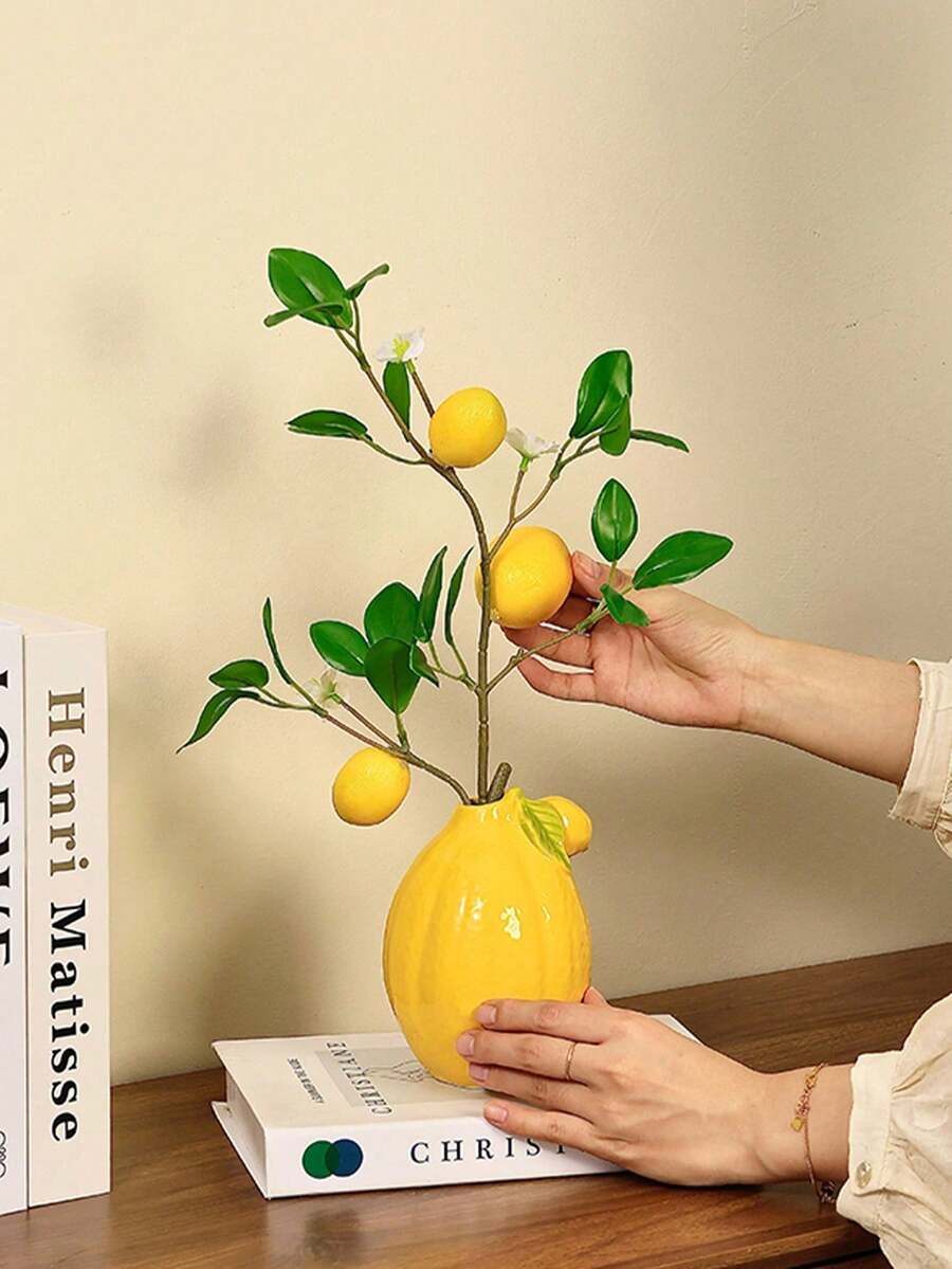 1 Stück rustikale Keramikvase, künstliche Zitronen/Zitronenblatt Trockenblumen Dekoration, Wohnzimmer Esszimmertisch Mittelstück, Büro Einweihungsgeschenk, Lehrertag Geschenk, süße Fruchtschale, Hochzeitsdekoration, Tischaufsatz, schöne Vase/Pflanzgefäß zum Verschenken an Freunde, Lehrer, Klassenkameraden Heimdekoration Raumdekoration Blumenvase Glasvase