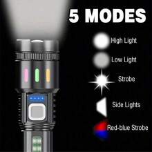 1支超亮LED手电筒，USB充电，高流明战术手电筒，带电量显示，防水，内置电池，户外巡逻露营应急灯 - 如圖所示 - 查看 4