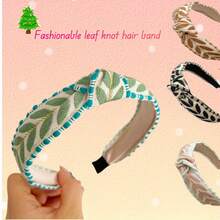 1 Piece Bohemian Wide Knot Headband With Embroidered Leaf Design – Fashionable Polyester Hair Accessory Suitable Daily And Party Wear, Hand Wash Only, Available In Various Colors (Blue Green Leaf Pattern, White And Black Geometric, Pink Floral, Beige And Brown Twisted Rope), Multifunctional Headwear|Bohemian Headband|Polyester Fiber Ribbon, Cute Hair Accessory - 綠色 - 查看 2