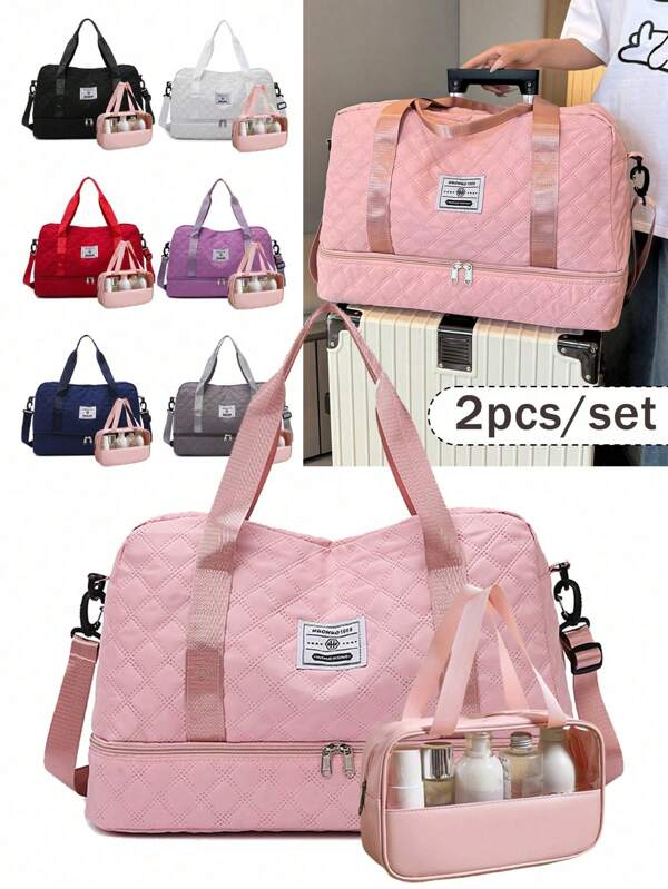 2 pezzi Set di borse da viaggio di moda Lingge, borsa da palestra + beauty case, borsa da nuoto yoga palestra, borsa multifunzione e tascabile, in tessuto Oxford, beauty case impermeabile con scomparti asciutto e bagnato, borsa per cosmetici, borsa capiente leggera e portatile con chiusura lampo, accessori da viaggio, adatto per esterno, viaggi, viaggi di lavoro, ritorno a scuola