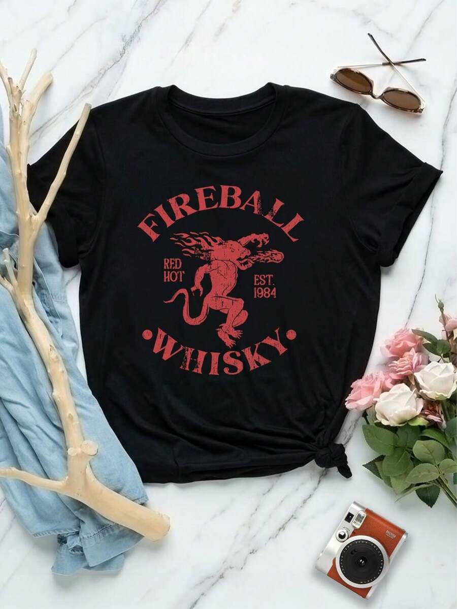 Camiseta vintage de whisky Fireball para mujer - Alcohol, cerveza, bourbon - Negro - Ver 1