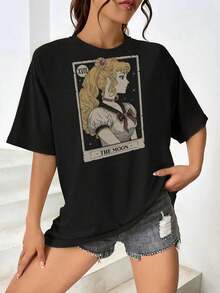 Camisetas de Mujer - La Luna - Arte Anime Celestial Místico Diseño Victoriano - Negro - Ver 1