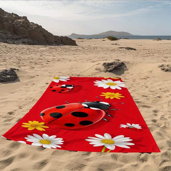 A Cute Ladybug On A Red Background With A White Daisy Beach Towel, Bath Towel, And Super Absorbent Pool Towel, Perfect For Spring And Summer Beach Outings, Ideal For Travel, Swimming, Camping, Surfing, Diving, Sports, And Beach Activities. Beach Essentials