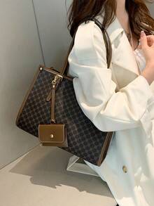 Large Capacity Patterned Tote Bag With Small Pouch Included - Brown - View 7