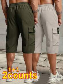 2 pièces Pantalon Cargo Capri pour Hommes, Printemps/Été, avec Taille à Cordon, Grandes Poches, Patch avec Lettres, Décontracté Sports - Multicolore - Voir 3