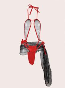 2 piezas Conjunto de ropa interior de mujer con camiseta sin espalda ajustada de encaje y malla transparente