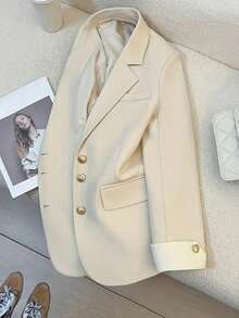 HOMEYEE 翻领长袖拼色纽扣休闲优雅百搭西装外套，适合商务、办公室、度假 - 杏色 - 查看 3