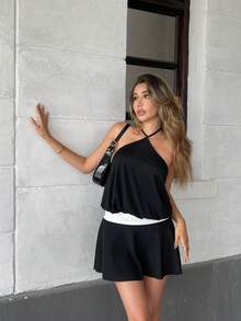 1 pieza Top de punto con tejido de plisado ahuecado, unicolor, elegante y sexy, apropiado para la playa, fiestas y ocasiones casuales