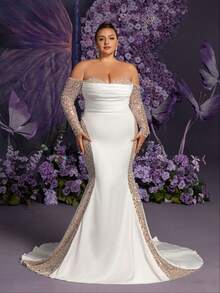 加大婚纱新娘礼服 | 奢华露肩缎面美人鱼婚纱，搭配闪亮长袖装饰，非常适合教堂婚礼、海滩晚会、空灵花园招待会和豪华晚宴 - 白色 - 查看 3