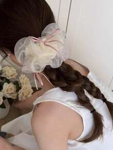 1pc Oversized Mesh Ribbon Bow Hair Scrunchie, High-End Hair Accessory, 2025 New Collection