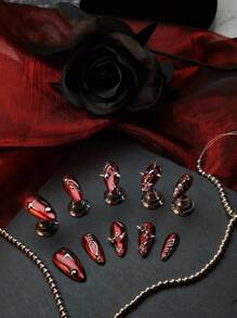 10 Peças Conjunto de Unhas Completo Artesanal, com Unhas de Estilo Punk Estampadas em Formato de Amêndoa e Conjunto de Unhas Punk Ciberpunk de Metal Vermelho Grosso de Estilo Punk Girl Junk, Adequado para Meninas Usarem no Dia a Dia e em Eventos como Festas e Festas Temáticas. Acompanha 1 Mini Lixa de Unha e 1 Etiqueta Adesiva Dupla Face.