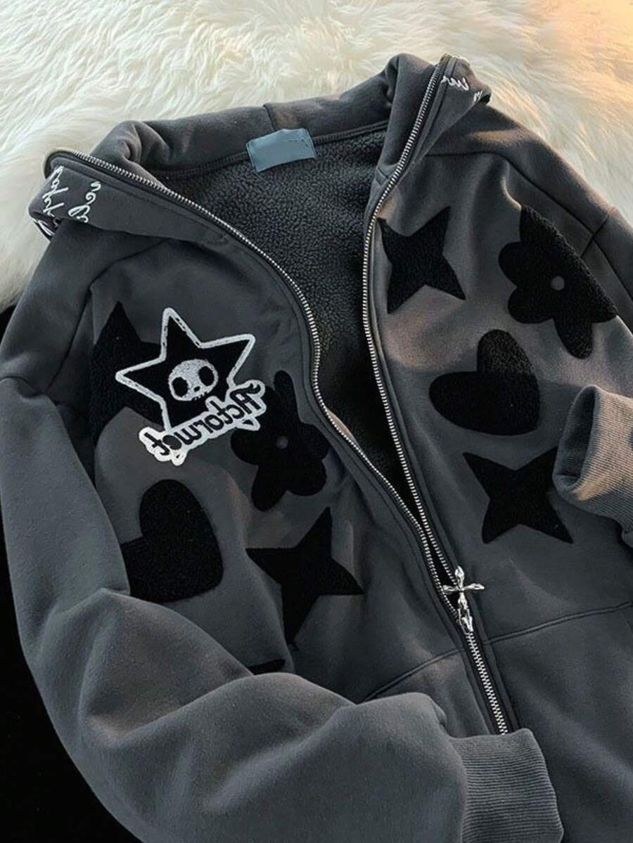 Harajuku Y2k Street Hoodie Hiphop New Retro Hoodie Men's Oversized Autumn Hoodi Letter Coat Zipper Pocket Drawstring - 灰色 - 查看 1