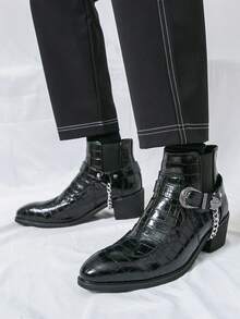 男士时尚尖头登山靴，带绑带和链条，高帮皮靴 - 黑色 - 查看 4