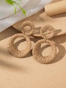 1 对波西米亚风格拉菲草环状耳环，海滩度假配饰，蓝色、粉色、米色，适合日常佩戴或度假