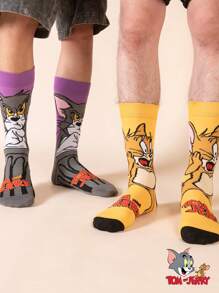 Warner Bros TOM & JERRY 2 Pairs Cute Cartoon Print Breathable Soft Mid-Calf Socks, Reinforced Heel And Toe For Durability, Unisex For All Seasons, Fall