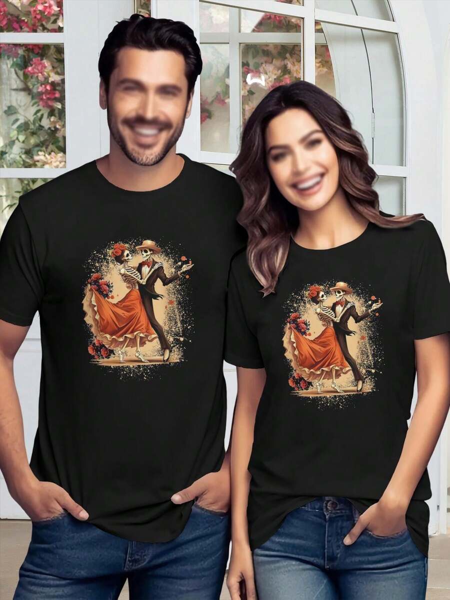 Camiseta de Calavera de Pareja del Día de Muertos - Camiseta con Gráfico de Calavera de Azúcar para Hombre y Mujer - Ropa del Día de Muertos - Camisetas de Marido y Mujer - Negro - Ver 1