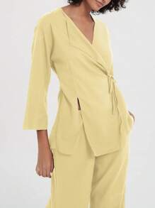 Se-Hore Fashion Trending Women's Retro Loose Tie V-Neck Jacket And Casual Pants 2 Pieces Set