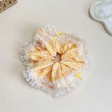 1pc Sweet Plaid Lace Scrunchie, Voluminous Bun Holder Ponytail Tie, Soft & Elegant Hair Accessory