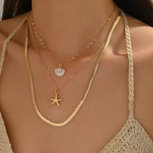 3pcs/Set Women's Fashion Minimalist Starfish & Seashell Multi-Layer Chain Necklace Jewelry Set, Summer
