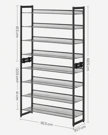 Étagère à Chaussures à 8/12 Niveaux, Étagère à Chaussures Empilable, Étagère de Rangement en Métal, Planches Réglables, 30,7 x 92,5 x 163,5/30,7 x 92,5 x 223 cm, 32-40/48-60 Paires, Noir - Noir - Voir 5