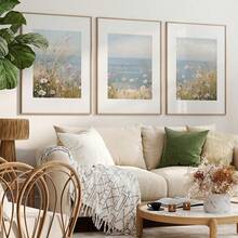 3pcs Coastal Wild Flower Wall Art, Neutral Ocean Landscape Canvas Painting, Vintage Floral Seascape Poster, Summer Floral Decor, Suitable For College Apartment, Dorm, Living Room Or Bedroom, Gift For Her, Unframed - Multicolor - View 3
